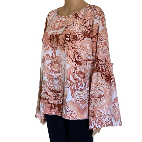 LC Lauren Conrad Blouse White Coral Damask Bow Tie Bell Sleeves Size XL - Picture 4 of 12